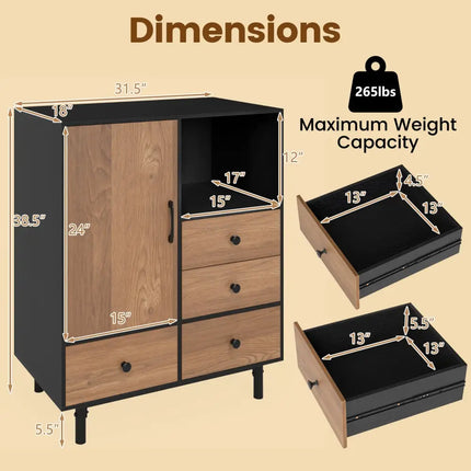 Buffet Sideboard Mid Century Modern Storage Cabinet with 4 Drawers and Open Compartment-Black - Black - Sideboards