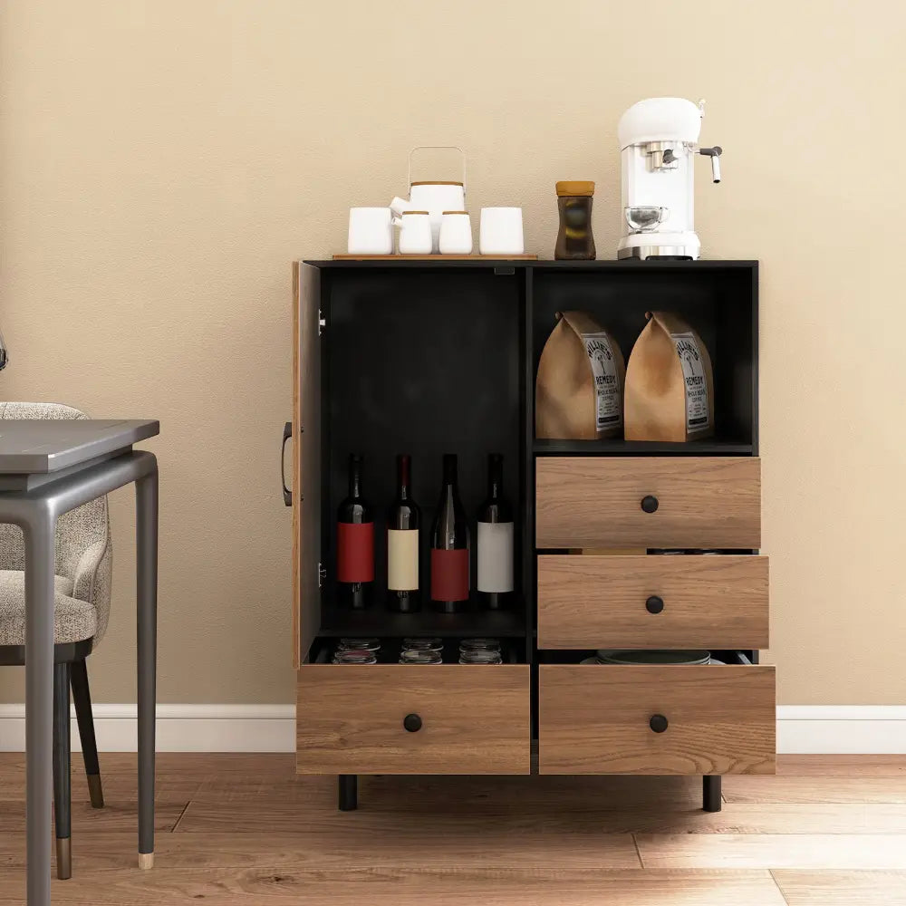 Buffet Sideboard Mid Century Modern Storage Cabinet with 4 Drawers and Open Compartment-Black - Black - Sideboards
