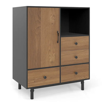Buffet Sideboard Mid Century Modern Storage Cabinet with 4 Drawers and Open Compartment-Black - Black - Sideboards
