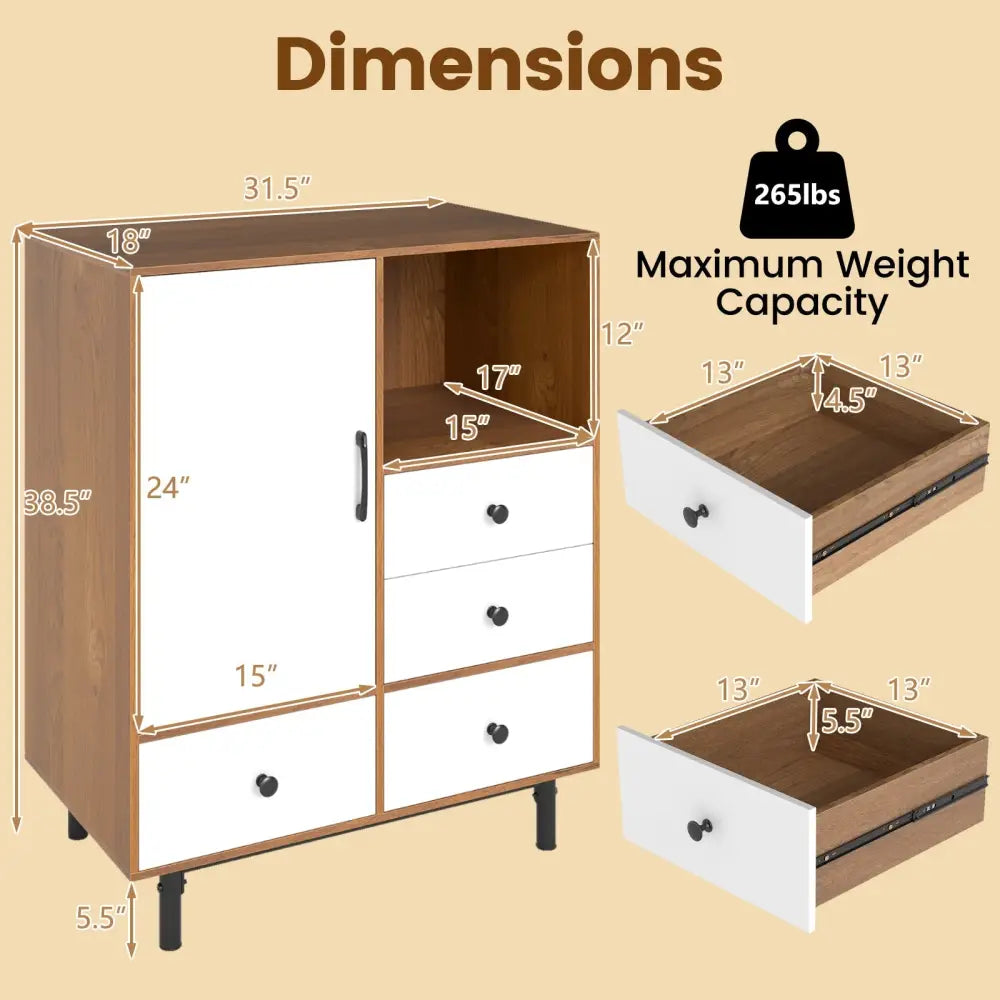 Buffet Sideboard Mid Century Modern Storage Cabinet with 4 Drawers and Open Compartment-Natural - Natural - Sideboards