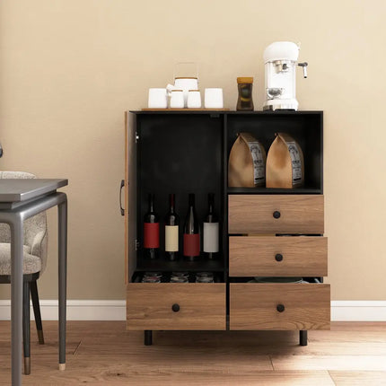 Buffet Sideboard Mid Century Modern Storage Cabinet with 4 Drawers and Open Compartment-Black - Black - Sideboards