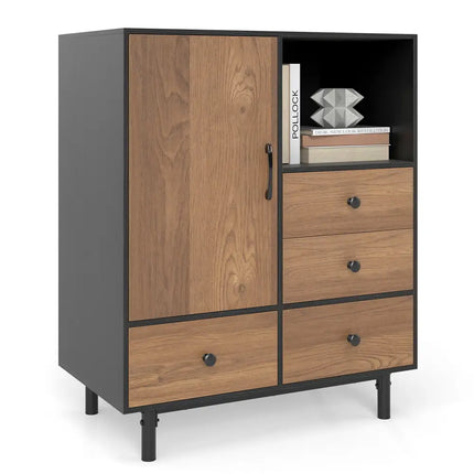Buffet Sideboard Mid Century Modern Storage Cabinet with 4 Drawers and Open Compartment-Black - Black - Sideboards