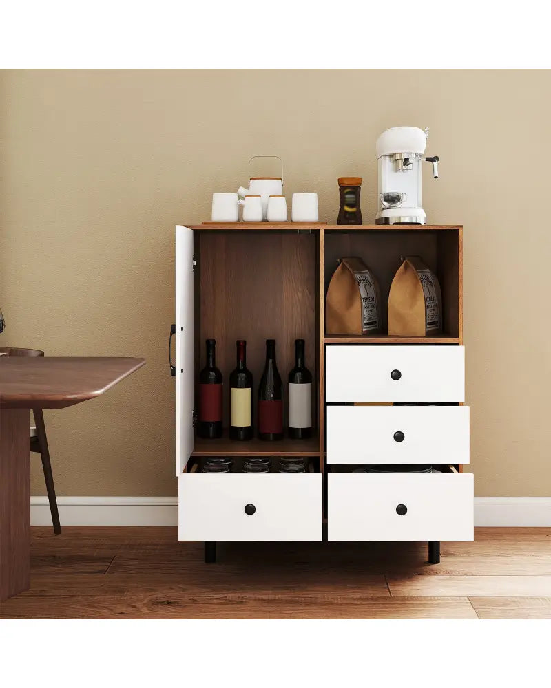 Buffet Sideboard Mid Century Modern Storage Cabinet with 4 Drawers and Open Compartment-Natural - Natural - Sideboards