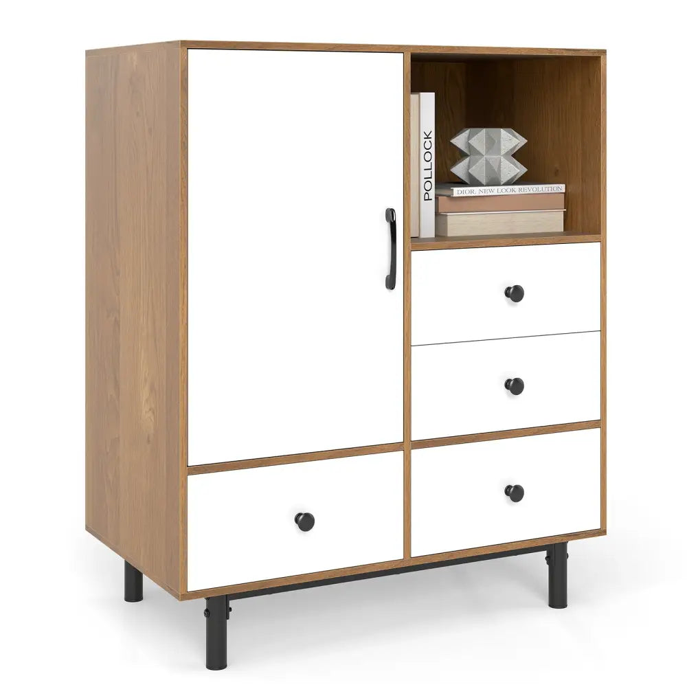 Buffet Sideboard Mid Century Modern Storage Cabinet with 4 Drawers and Open Compartment-Natural - Natural - Sideboards