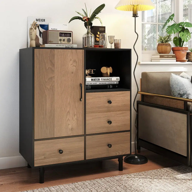 Buffet Sideboard Mid Century Modern Storage Cabinet with 4 Drawers and Open Compartment-Black - Black - Sideboards