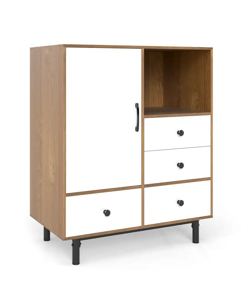 Buffet Sideboard Mid Century Modern Storage Cabinet with 4 Drawers and Open Compartment-Natural - Natural - Sideboards
