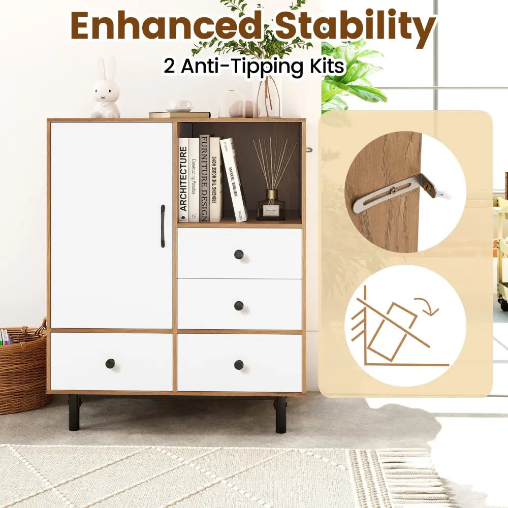 Buffet Sideboard Mid Century Modern Storage Cabinet with 4 Drawers and Open Compartment-Natural - Natural - Sideboards