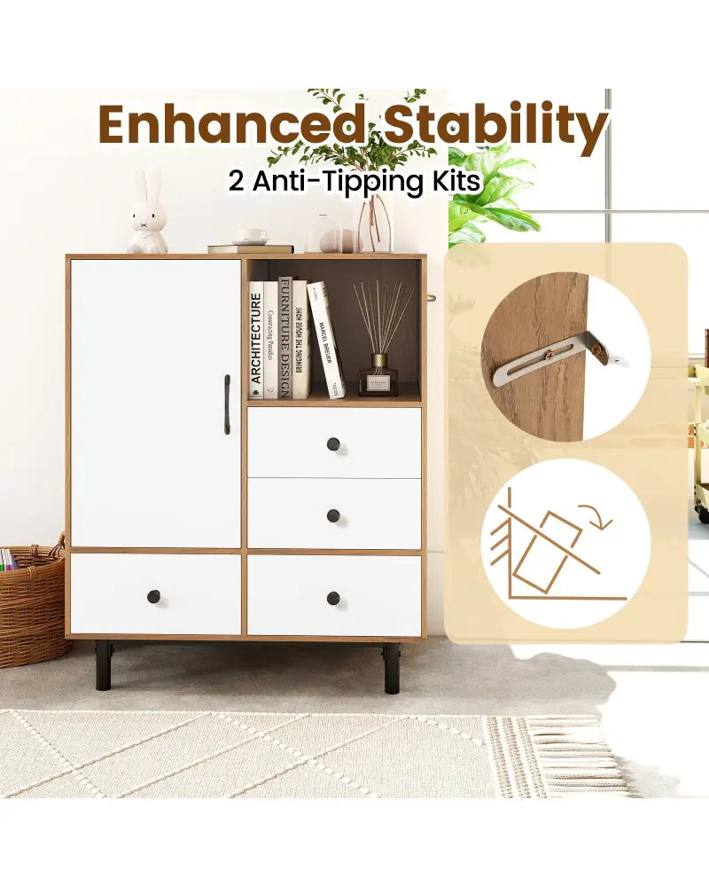 Buffet Sideboard Mid Century Modern Storage Cabinet with 4 Drawers and Open Compartment-Natural - Natural - Sideboards