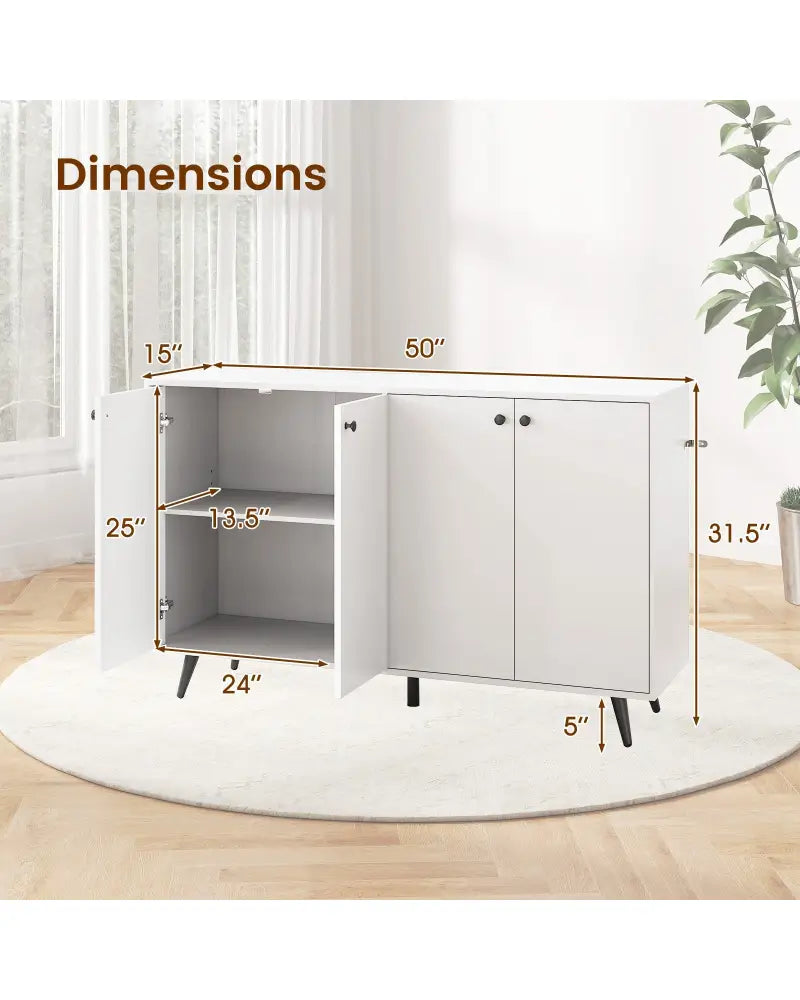 Buffet Sideboard Mid Century Modern Storage Cabinet with Adjustable Shelves-White - White - Sideboards Cabinets &