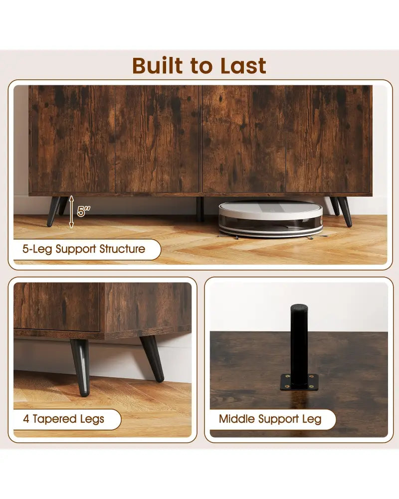 Buffet Sideboard Mid Century Modern Storage Cabinet with Adjustable Shelves-Rustic Brown - Rustic Brown - Sideboards