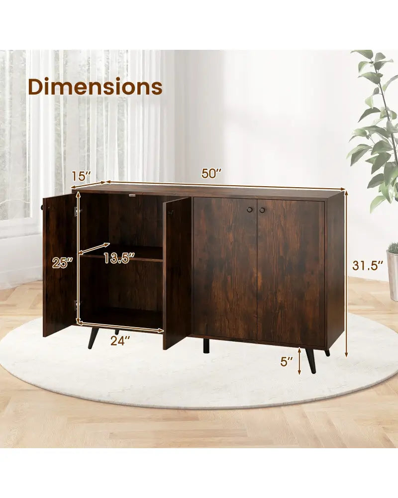 Buffet Sideboard Mid Century Modern Storage Cabinet with Adjustable Shelves-Rustic Brown - Rustic Brown - Sideboards