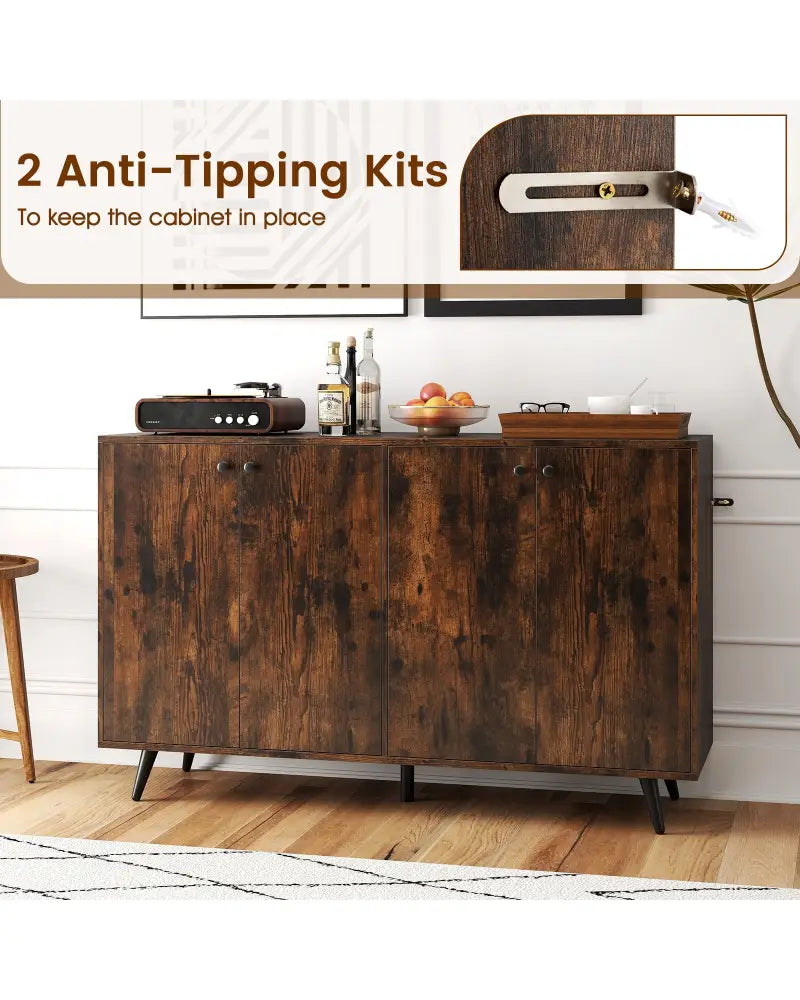 Buffet Sideboard Mid Century Modern Storage Cabinet with Adjustable Shelves-Rustic Brown - Rustic Brown - Sideboards
