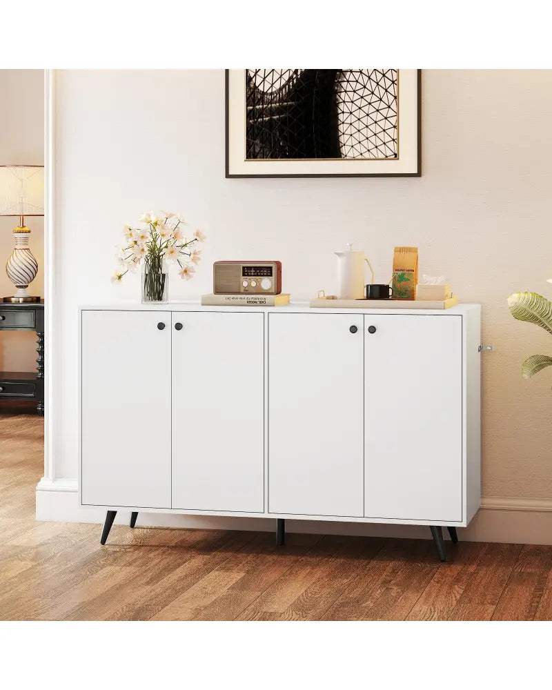 Buffet Sideboard Mid Century Modern Storage Cabinet with Adjustable Shelves-White - White - Sideboards Cabinets &