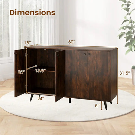 Buffet Sideboard Mid Century Modern Storage Cabinet with Adjustable Shelves-Rustic Brown - Rustic Brown - Sideboards