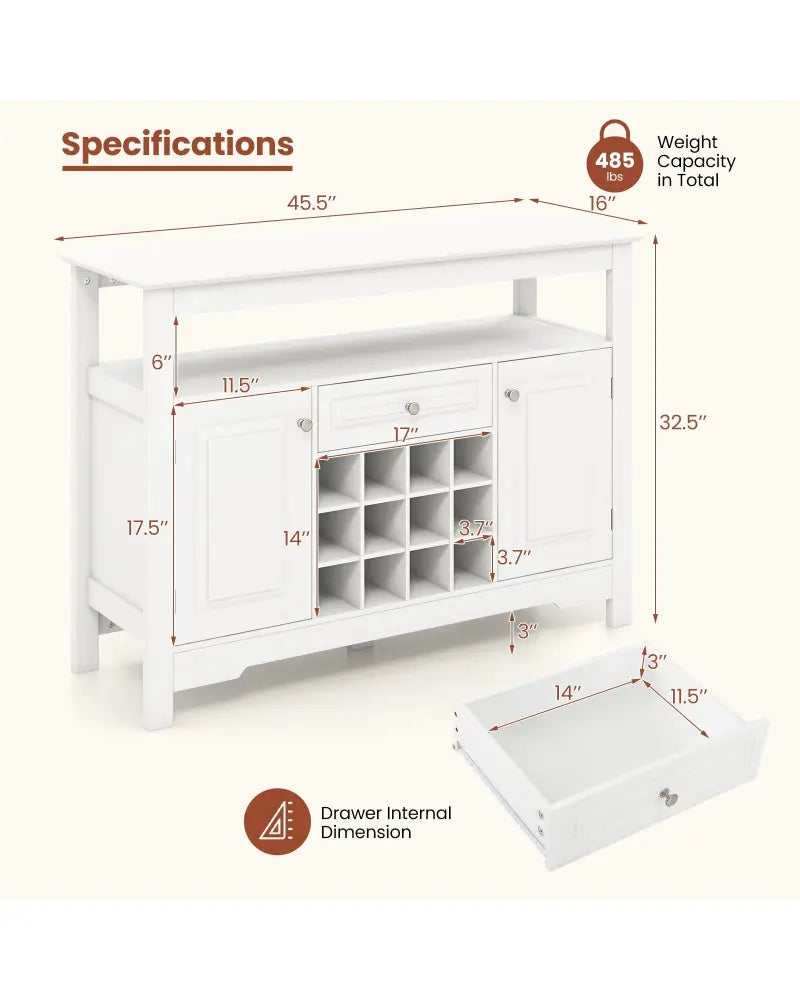 Buffet Sideboard Wine Liquor Coffee Bar Cabinet with Removable Wine Rack-White - White - Sideboards Cabinets & Buffets