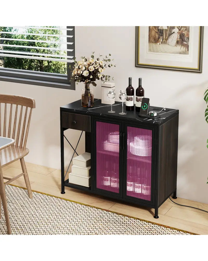 Buffet Sideboard with Doors Power Outlets and LED Light-Black - Black - Sideboards Cabinets & Buffets