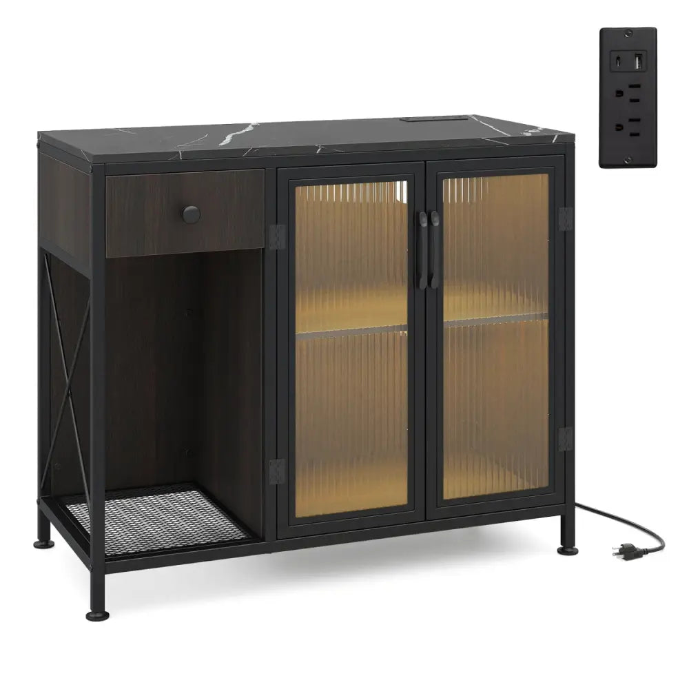 Buffet Sideboard with Doors Power Outlets and LED Light-Black - Black - Sideboards Cabinets & Buffets