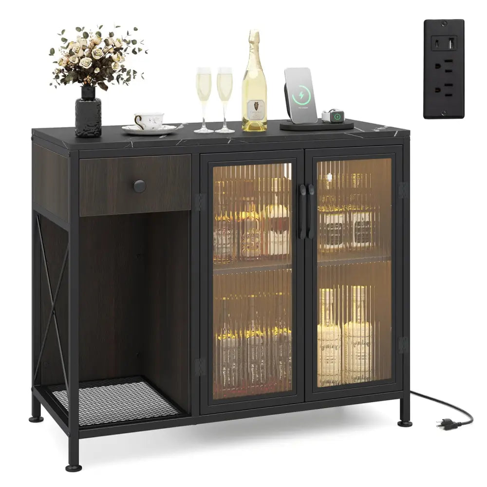 Buffet Sideboard with Doors Power Outlets and LED Light-Black - Black - Sideboards Cabinets & Buffets
