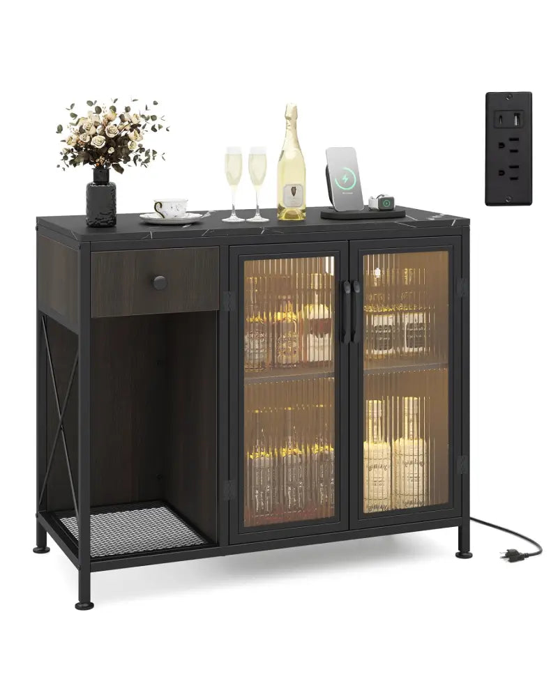 Buffet Sideboard with Doors Power Outlets and LED Light-Black - Black - Sideboards Cabinets & Buffets