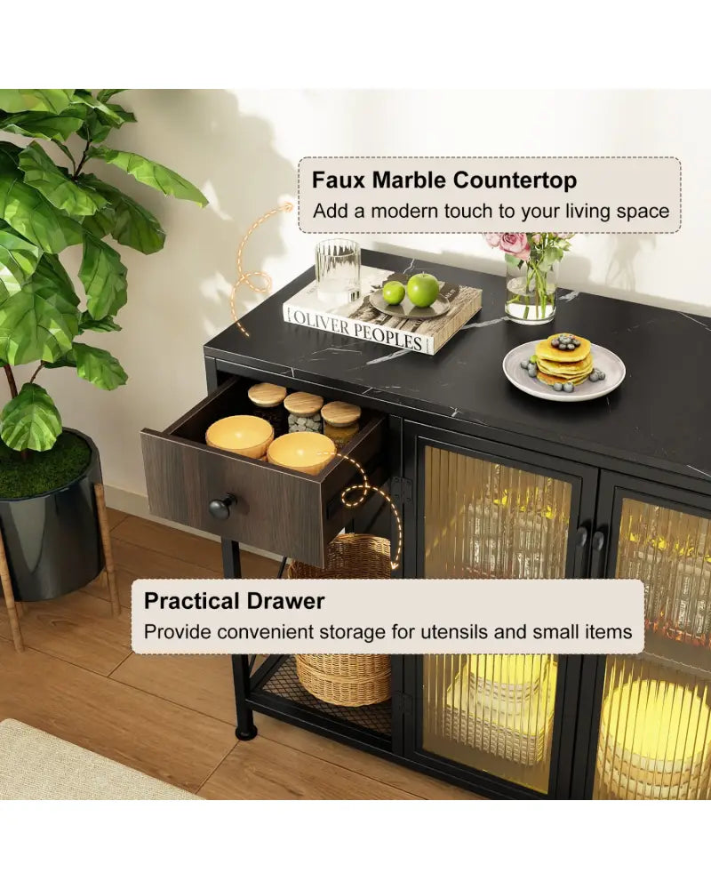 Buffet Sideboard with Doors Power Outlets and LED Light-Black - Black - Sideboards Cabinets & Buffets