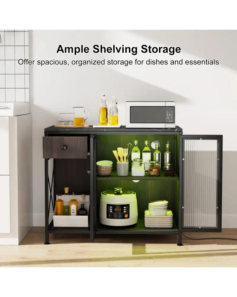 Buffet Sideboard with Doors Power Outlets and LED Light-Black - Black - Sideboards Cabinets & Buffets