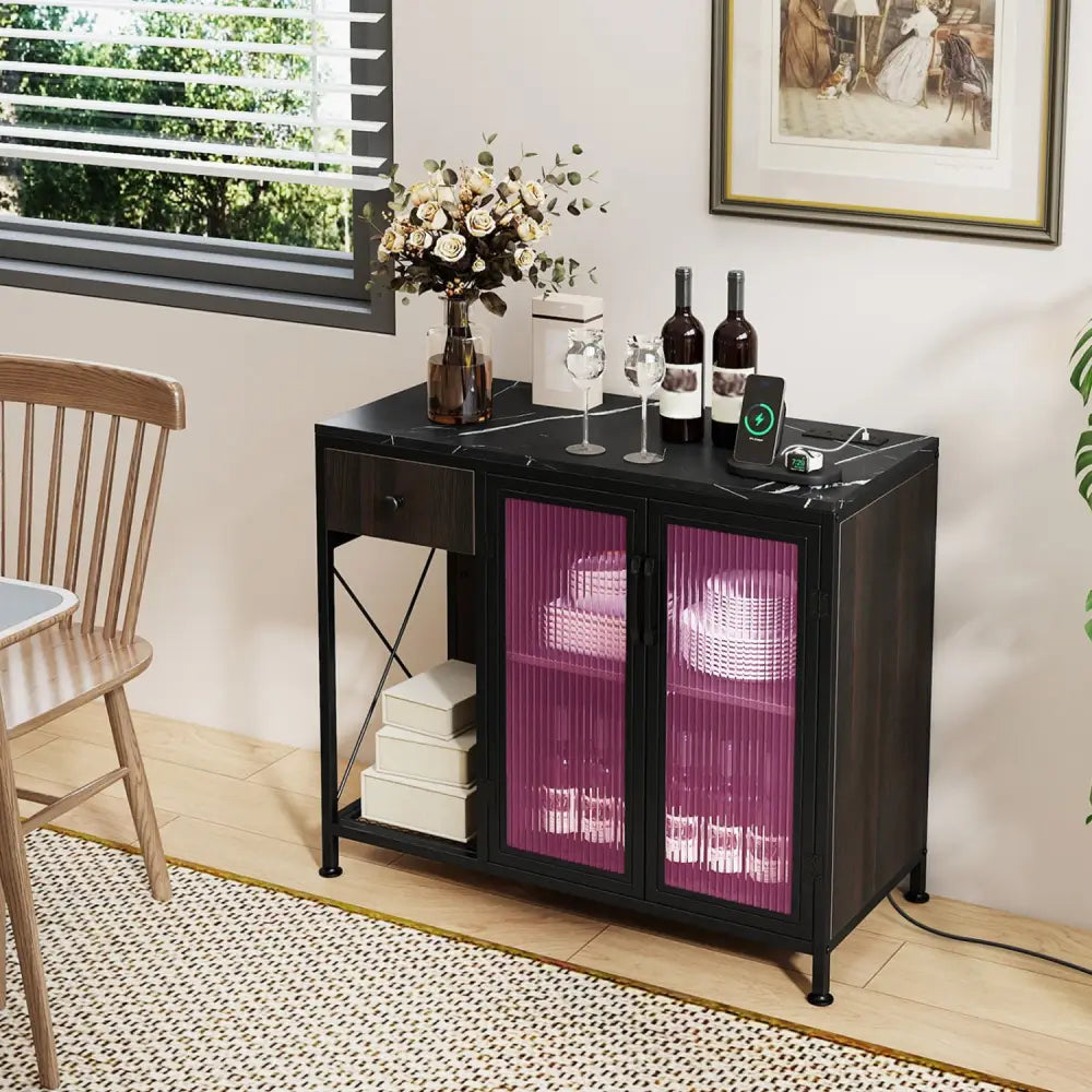 Buffet Sideboard with Doors Power Outlets and LED Light-Black - Black - Sideboards Cabinets & Buffets