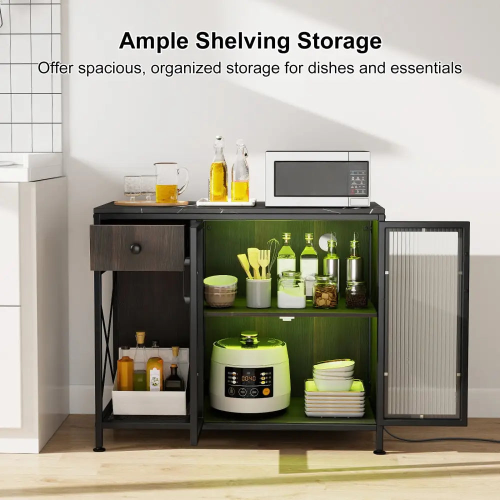 Buffet Sideboard with Doors Power Outlets and LED Light-Black - Black - Sideboards Cabinets & Buffets