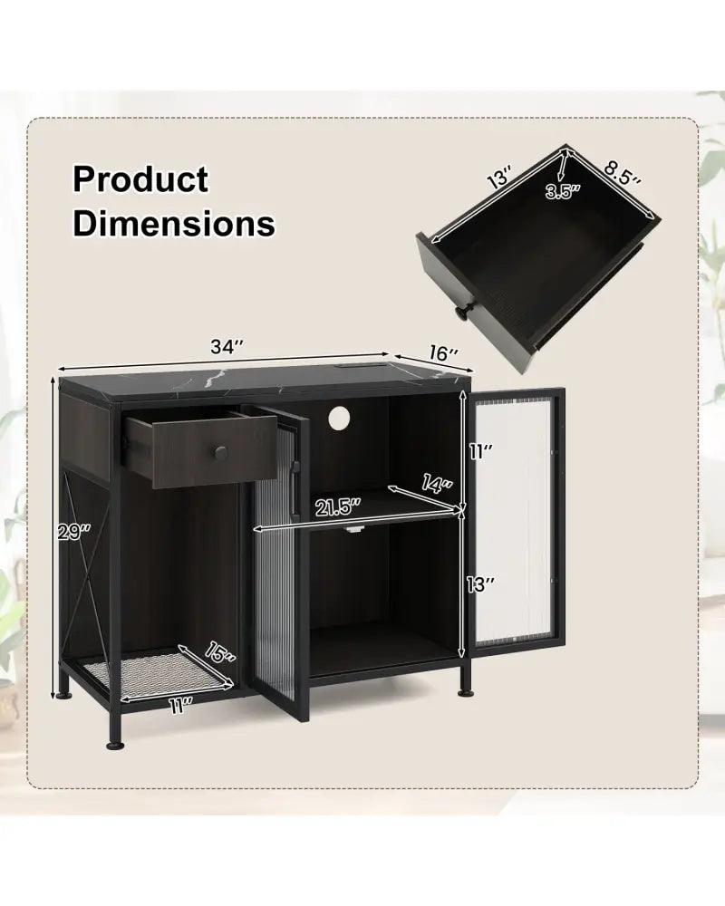 Buffet Sideboard with Doors Power Outlets and LED Light-Black - Black - Sideboards Cabinets & Buffets
