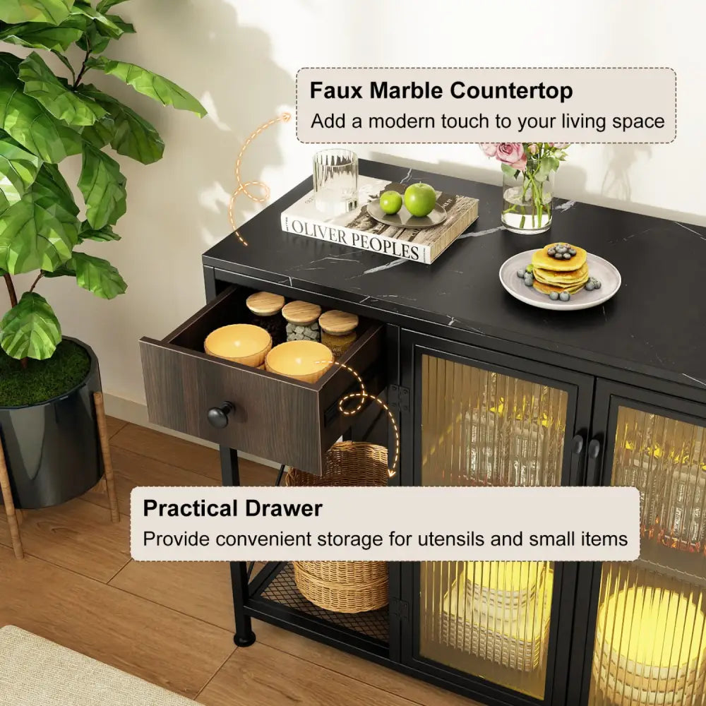 Buffet Sideboard with Doors Power Outlets and LED Light-Black - Black - Sideboards Cabinets & Buffets