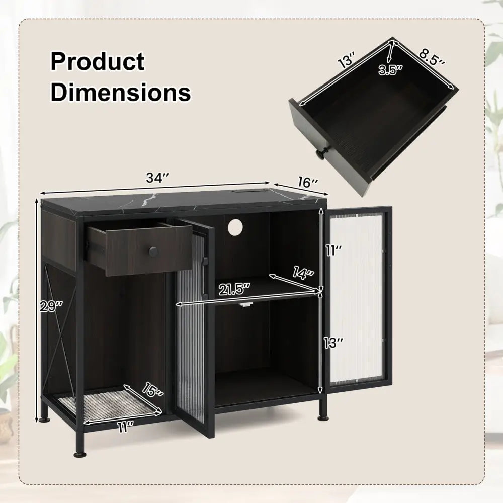 Buffet Sideboard with Doors Power Outlets and LED Light-Black - Black - Sideboards Cabinets & Buffets