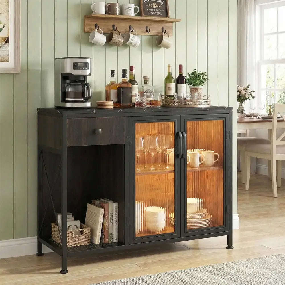 Buffet Sideboard with Doors Power Outlets and LED Light-Black - Black - Sideboards Cabinets & Buffets