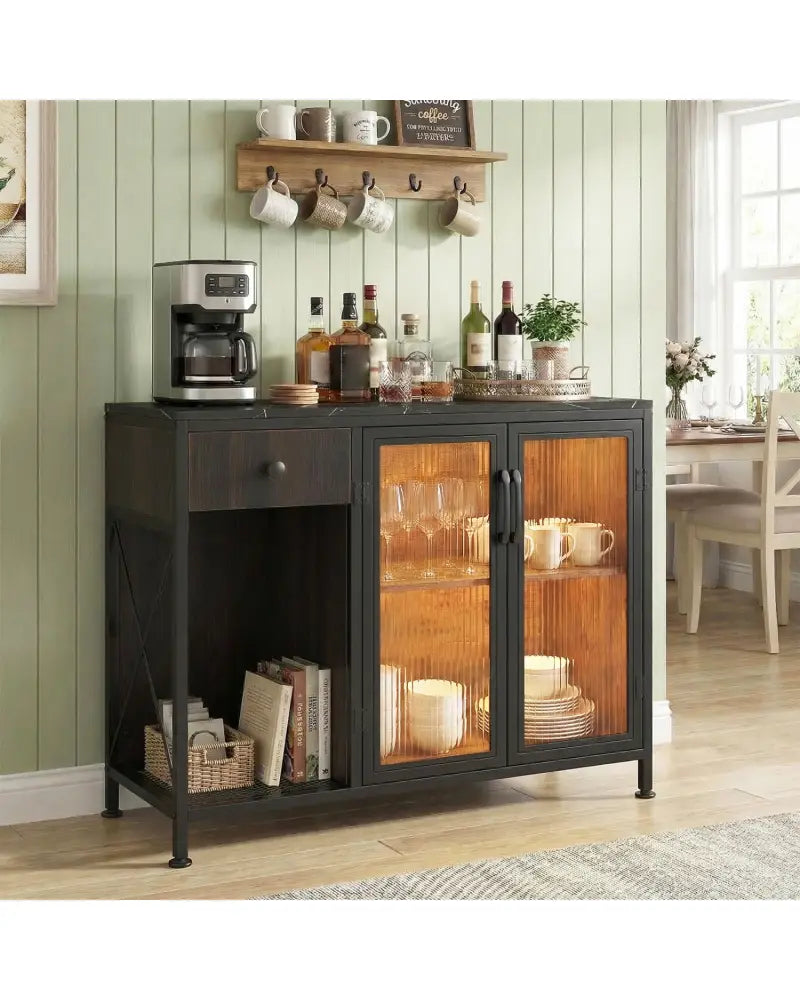 Buffet Sideboard with Doors Power Outlets and LED Light-Black - Black - Sideboards Cabinets & Buffets
