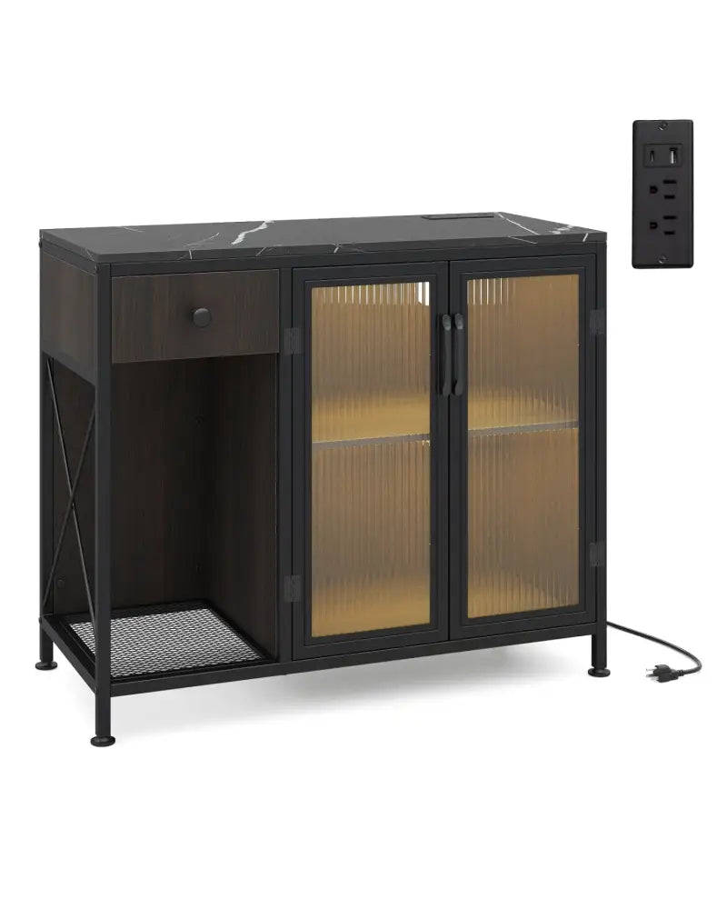 Buffet Sideboard with Doors Power Outlets and LED Light-Black - Black - Sideboards Cabinets & Buffets