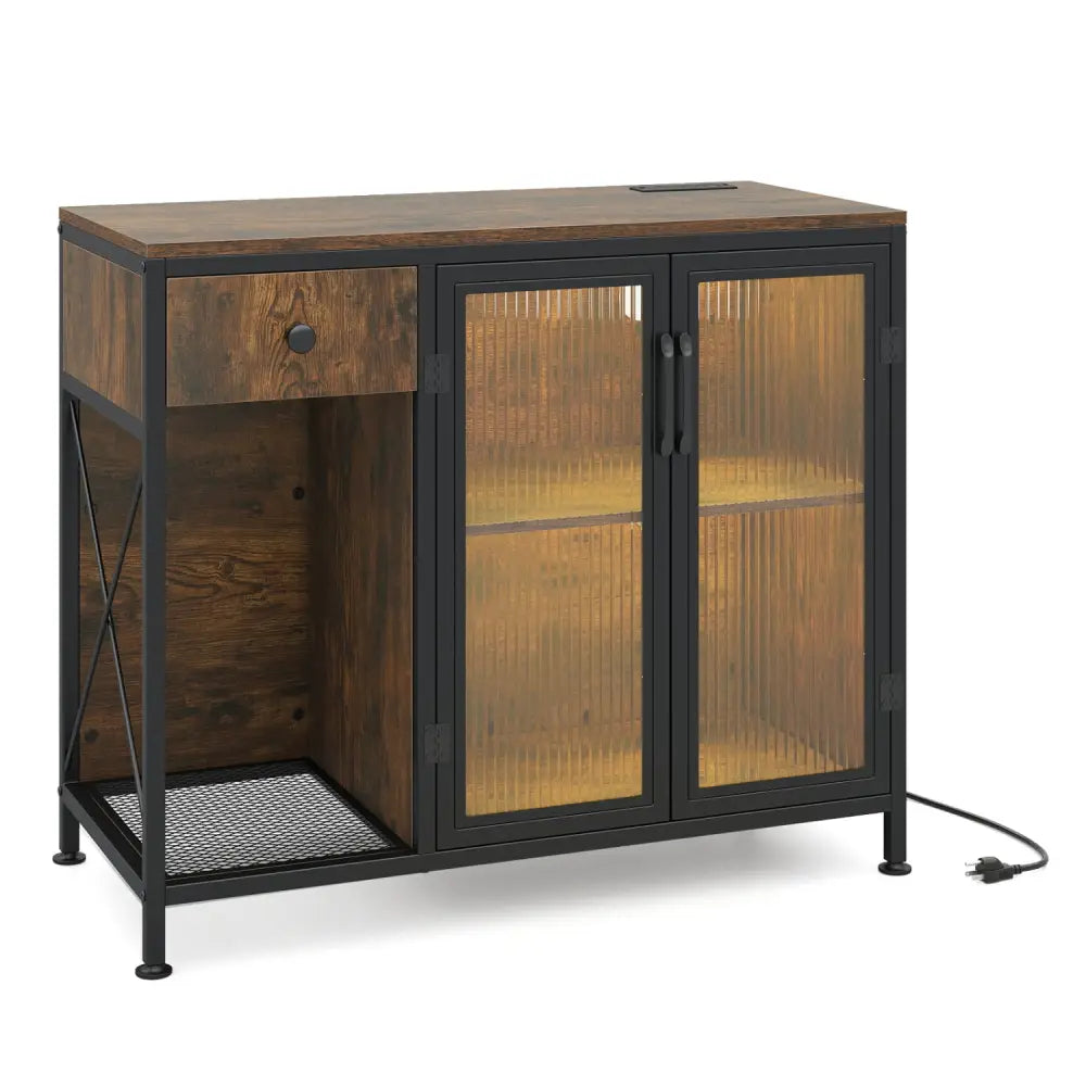 Buffet Sideboard with Doors Power Outlets and LED Light-Rustic Brown - Rustic Brown - Sideboards Cabinets & Buffets
