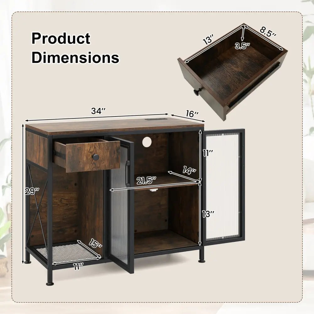 Buffet Sideboard with Doors Power Outlets and LED Light-Rustic Brown - Rustic Brown - Sideboards Cabinets & Buffets