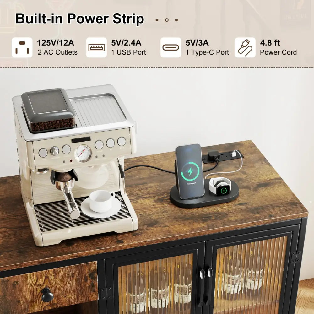 Buffet Sideboard with Doors Power Outlets and LED Light-Rustic Brown - Rustic Brown - Sideboards Cabinets & Buffets