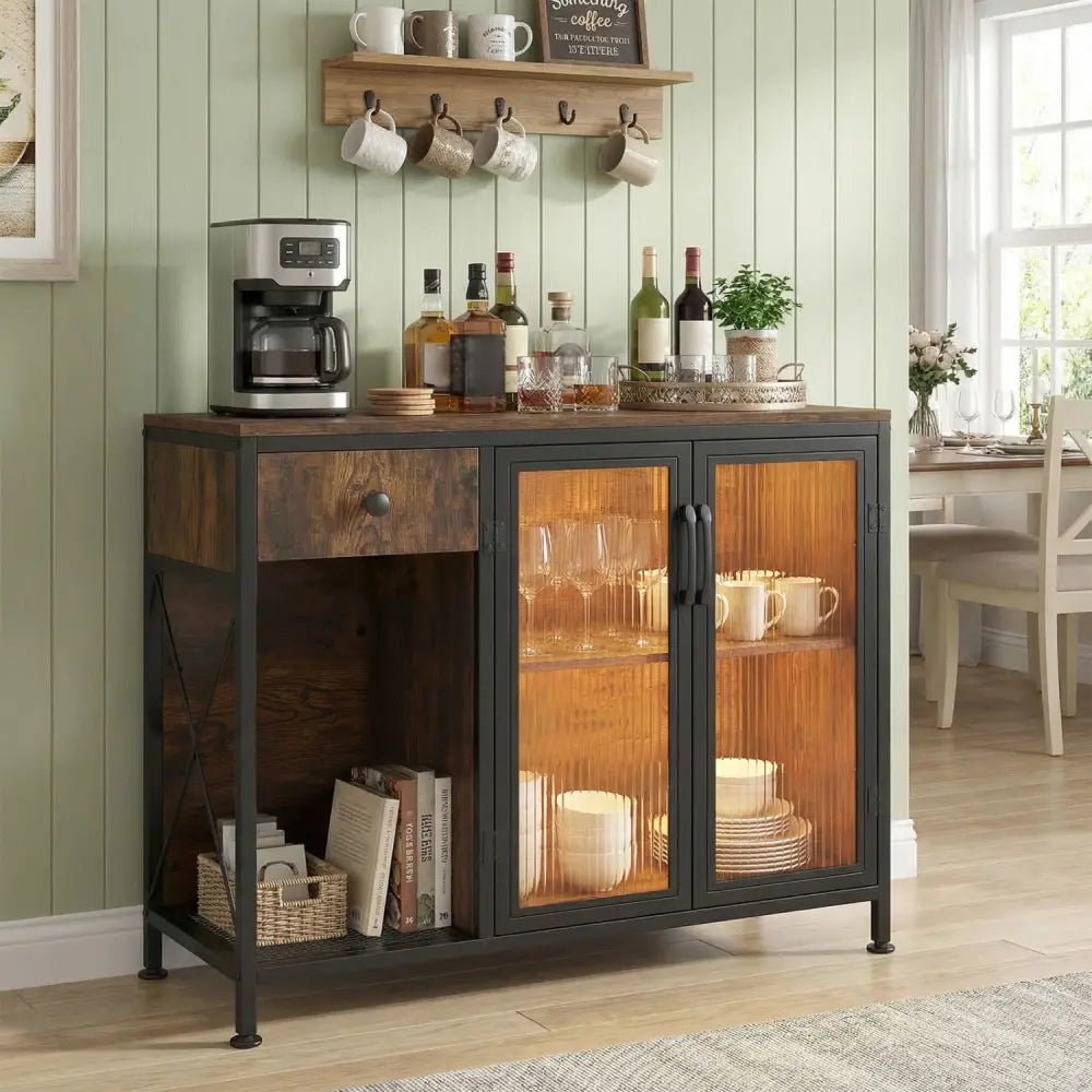 Buffet Sideboard with Doors Power Outlets and LED Light-Rustic Brown - Rustic Brown - Sideboards Cabinets & Buffets