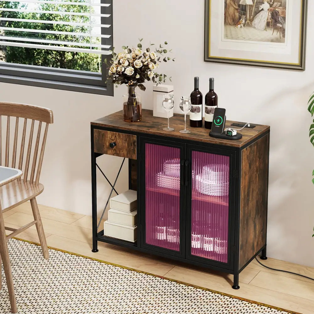 Buffet Sideboard with Doors Power Outlets and LED Light-Rustic Brown - Rustic Brown - Sideboards Cabinets & Buffets