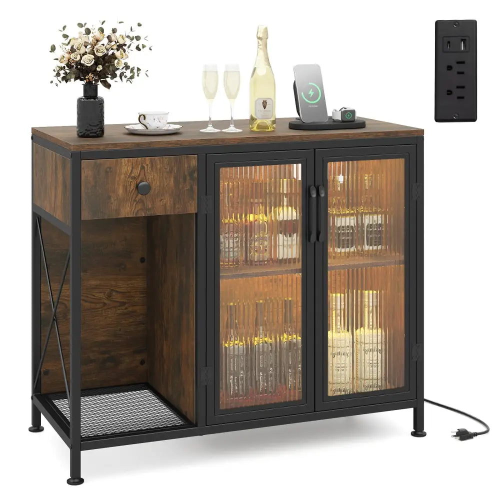 Buffet Sideboard with Doors Power Outlets and LED Light-Rustic Brown - Rustic Brown - Sideboards Cabinets & Buffets