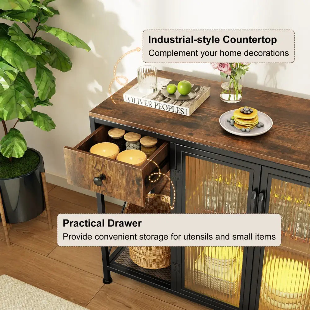 Buffet Sideboard with Doors Power Outlets and LED Light-Rustic Brown - Rustic Brown - Sideboards Cabinets & Buffets