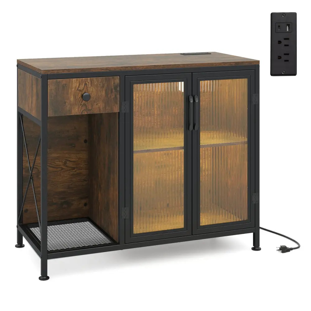 Buffet Sideboard with Doors Power Outlets and LED Light-Rustic Brown - Rustic Brown - Sideboards Cabinets & Buffets