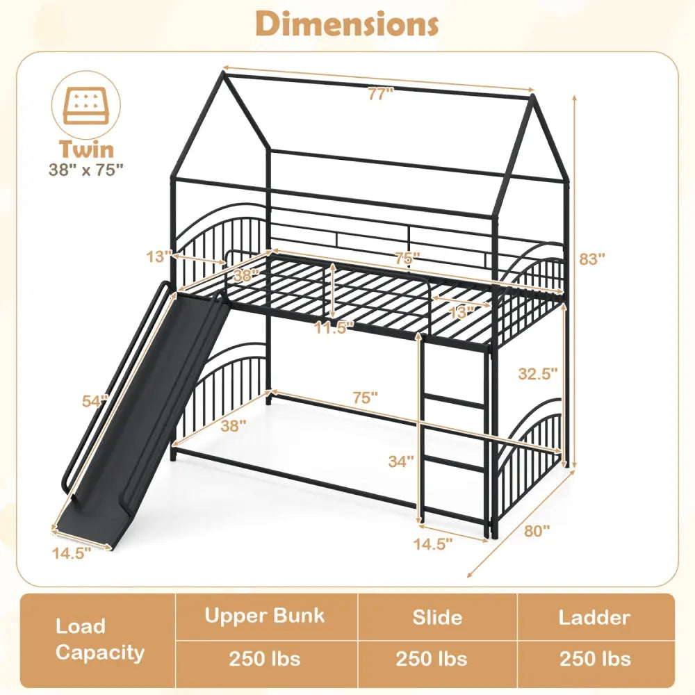 Bunk Bed Twin Over Twin House Bunk Bed Frame with Metal Slats-Black - Black - Bunk Bed Frame