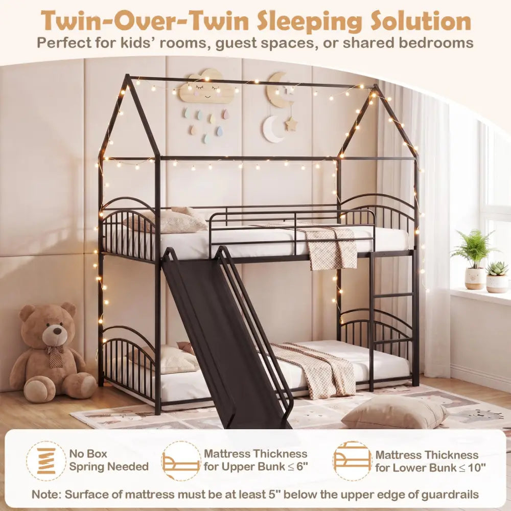 Bunk Bed Twin Over Twin House Bunk Bed Frame with Metal Slats-Black - Black - Bunk Bed Frame