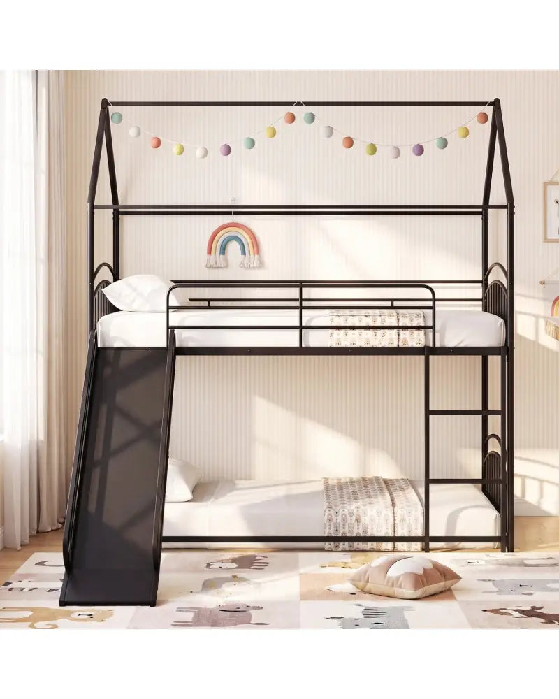Bunk Bed Twin Over Twin House Bunk Bed Frame with Metal Slats-Black - Black - Bunk Bed Frame