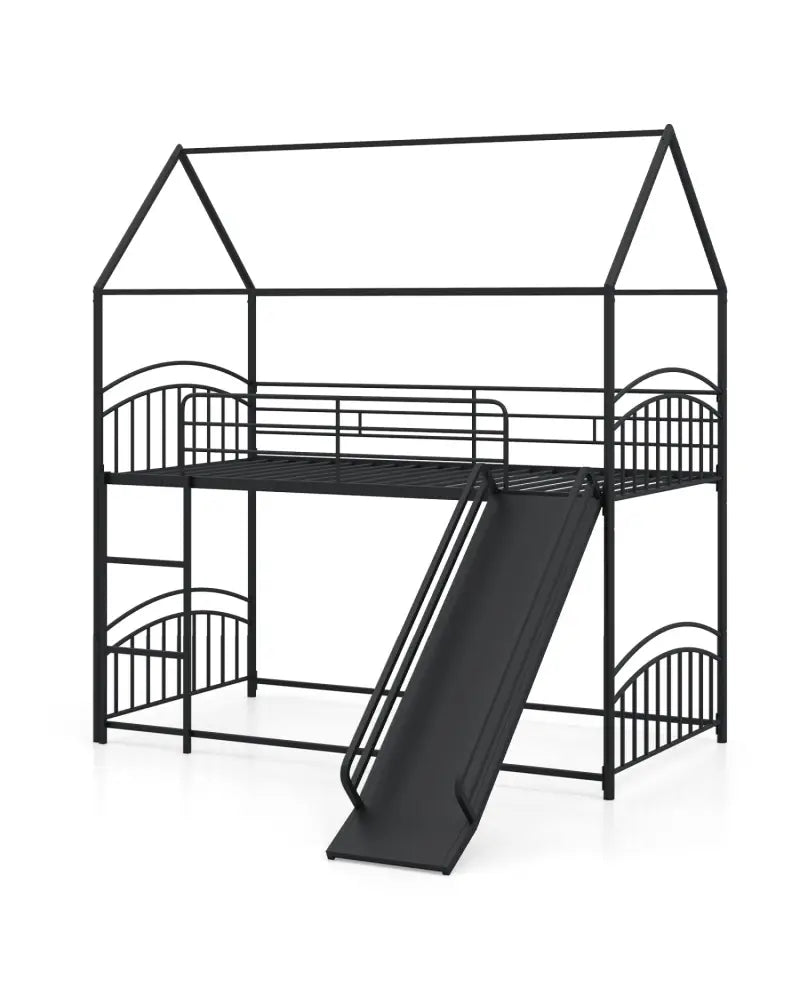 Bunk Bed Twin Over Twin House Bunk Bed Frame with Metal Slats-Black - Black - Bunk Bed Frame