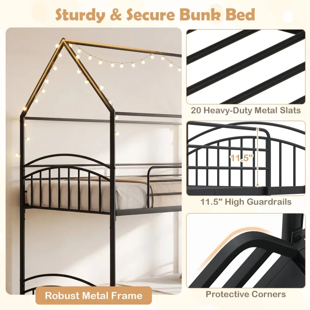 Bunk Bed Twin Over Twin House Bunk Bed Frame with Metal Slats-Black - Black - Bunk Bed Frame