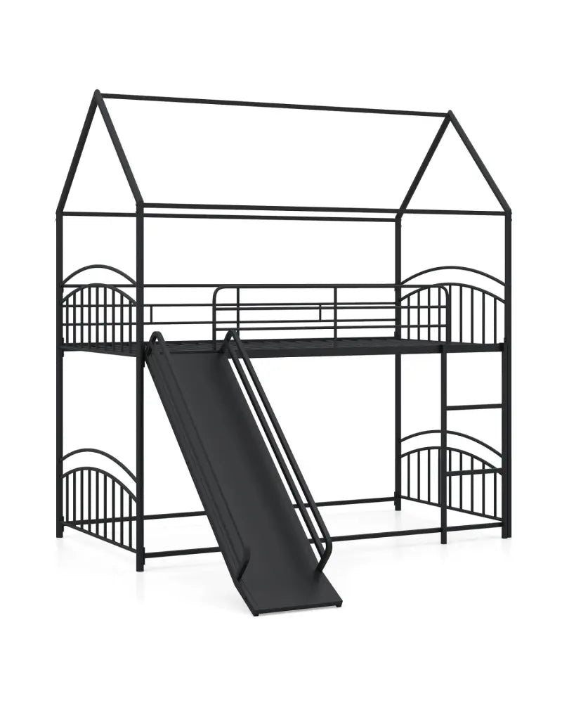 Bunk Bed Twin Over Twin House Bunk Bed Frame with Metal Slats-Black - Black - Bunk Bed Frame