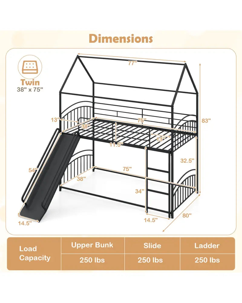 Bunk Bed Twin Over Twin House Bunk Bed Frame with Metal Slats-Black - Black - Bunk Bed Frame