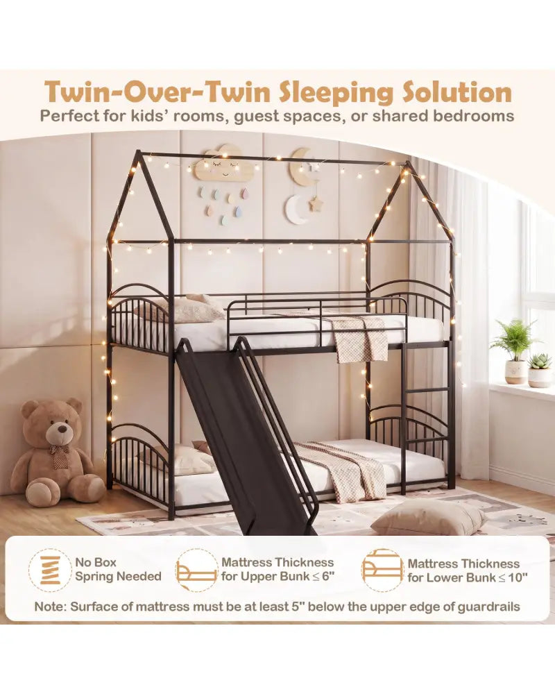 Bunk Bed Twin Over Twin House Bunk Bed Frame with Metal Slats-Black - Black - Bunk Bed Frame