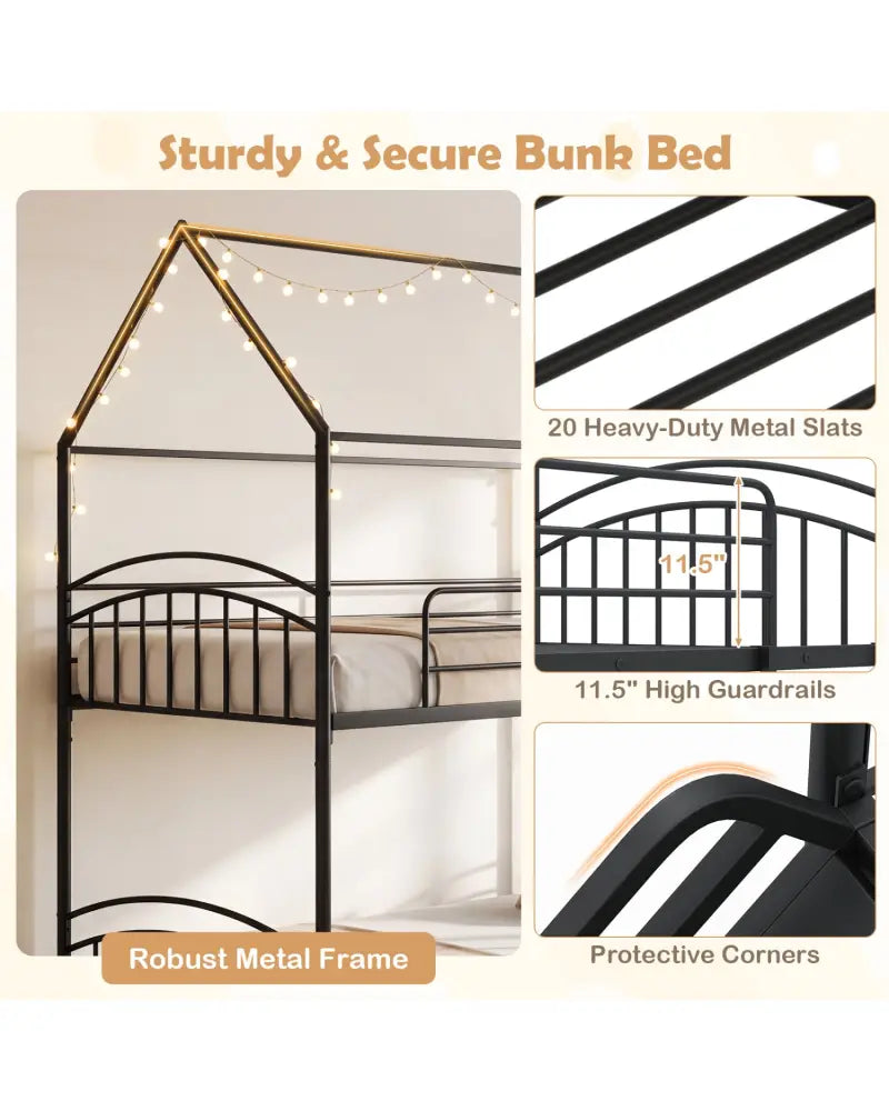 Bunk Bed Twin Over Twin House Bunk Bed Frame with Metal Slats-Black - Black - Bunk Bed Frame